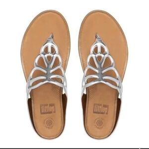 Fitflop Bumble Silver Mirror Leather Toe Post Slip On Wedge Sandals- Size 7 & 38